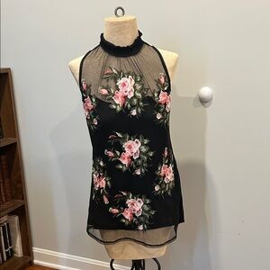 INC International Concepts Black Sheer Halter Camisole with Pink Rose Embroidery